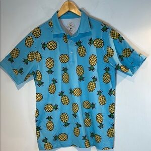 Rolo Golf Pineapple Shirt Mens Large Blue Yellow Hawaiian Print Loud Logo